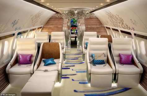 According to AirJet Designs, customers no longer want boring grey and beige colours when p... Architecture, Interior, Luxury Yachts, Luxury Jets, Luxury Helicopter, Luxury Private Jets, Private Jet Interior, Air Charter, Aircraft Interiors