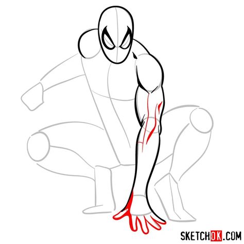 How to draw Spider-Man (Comic books style) - Sketchok easy drawing guides Croquis, Super Hero Drawings Easy, How To Draw Super Heroes, Spiderman Drawing Sketches, How To Draw Spiderman, Spiderman Drawing, Spiderman Art Sketch, Drawing Superheroes, Draw Spider