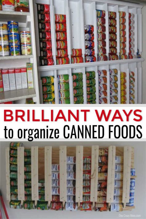 Learn how to organize canned food with these easy canned food storage ideas. Over 15 canned food storage hacks that will get your pantry in order. Organisation, Storing Canned Goods In Pantry, Canned Food Storage Ideas, How To Store Cans In Pantry, Pantry Canned Goods Organization, How To Store Canned Goods, Canned Food Storage, Food Storage Organization, Food Can Storage Ideas