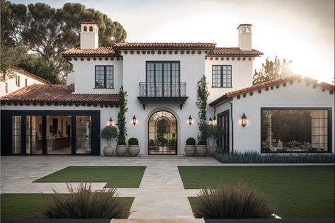 The modern Spanish home perfectly blends style, comfort, and convenience. Its unique design is characterized by its bright colors, open… | Instagram Inspiration, Modern Hacienda Style Homes, Modern Spanish Style Homes Exterior, Modern Spanish Style Homes, Modern Italian Home, Modern Spanish Villa, Transitional Mediterranean Home, Modern Spanish House Plans, Modern Mediterranean Home