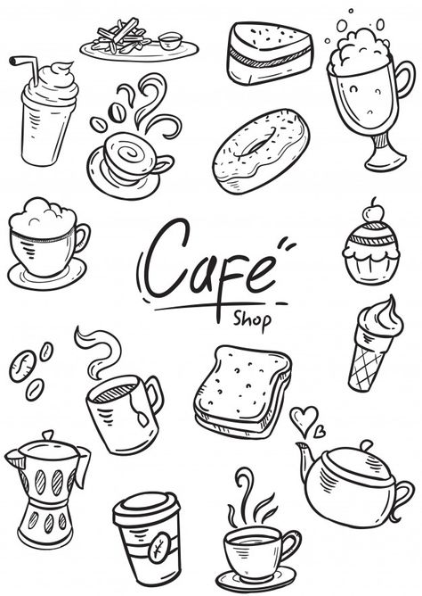 Set of doodle cafe illustration | Premium Vector #Freepik #vector #menu #coffee #cartoon #black Simple Quirky Tattoos, Cute Coffee Doodles, Exercise Doodles, Doodle Art Coffee, Doodle Art Food, Coffee Doodle Art, Food Doodle Art, Café Drawing, Doodle Journal Ideas