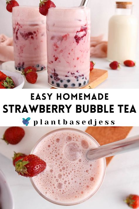 View on a tall glass of strawberry bubble tea. Smoothies, Desserts, Snacks, Strawberry Bubble Tea Recipe, Strawberry Milk Tea Recipe, Strawberry Boba Tea Recipe, Milk Tea Recipes, Bubble Tea Homemade, Strawberry Tea