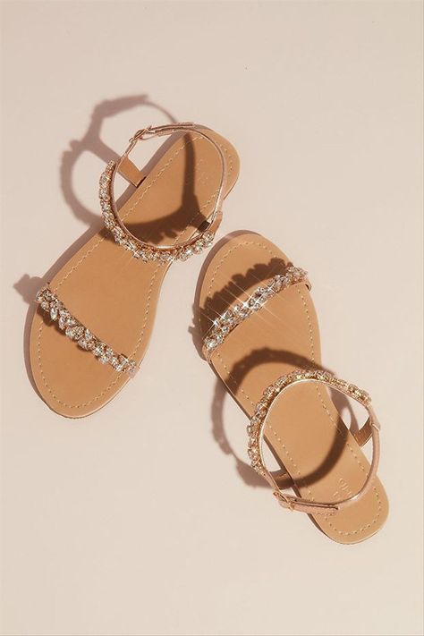 Embellished sandals for summer - simple wedding sandals- David’s Bridal marquise crystal sandals in rose gold, $30, David’s Bridal - Check out more summer sandals on WeddingWire! Sandals With Straps, Flat Wedding Sandals, Wedding Shoes Flats Sandals, Prom Flats, Flat Prom Shoes, Bridesmaid Shoes Flat, Dressy Flat Sandals, Flat Feet Shoes, Bridal Flat Sandals