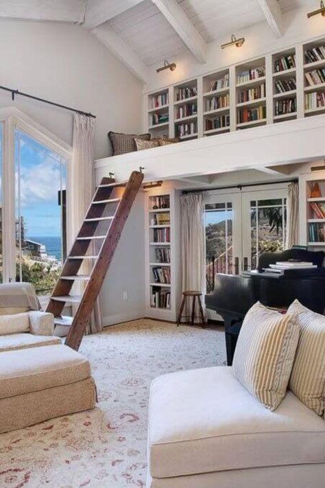 Large home library featuring two-story bookshelves with a ladder for access. Home, Home Library Room Ideas, Home Library Rooms, Modern Home Library Ideas, Small Library Ideas, Home Library Design Ideas, Small Home Library Design, Home Reading Room, Farmhouse Library Room