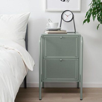 11 Nightstands Under $100 That Will Pull Together Your Entire Bedroom | Hunker Clothes Stand, Clothes Rail, Perforated Metal, Ikea Family, Have A Shower, Hemnes, Traditional Furniture, Bedside Cabinet, Grey Green
