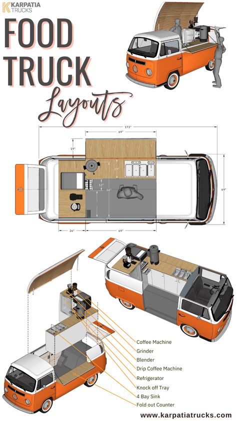 Looking for a mobile food solution can be overwhelming as there are so many options! And how do you even begin your search? Dimensions, layout interior, branding, equipment, and more. Learn exactly how to design a great food truck layout! #custom #truck #tiny #house #mobile #restaurant #vw #project #camper #rv #kitchen #business #ideas Trucks, Design, Custom Food Trucks, Mobile Food Trucks, Coffee Trailer, Coffee Truck, Food Truck Design, Mobile Coffee Shop, Food Trailer