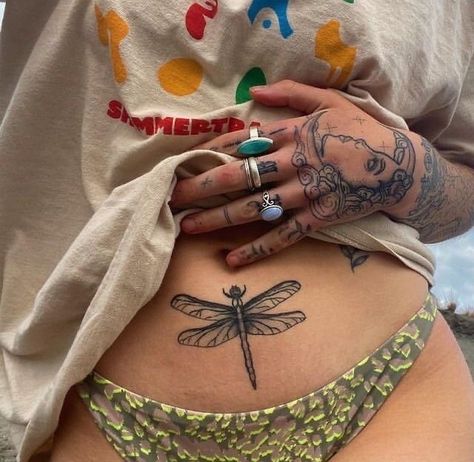 444 Dragonfly Tattoo, Bug Spine Tattoos, Masc Tattoos, Lower Belly Tattoos, 16 Tattoo, Funky Tattoos, Frog Tattoos, Stomach Tattoos, Dream Tattoos