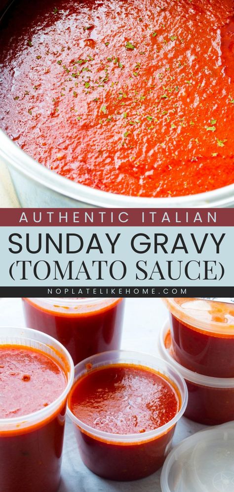 Get ready for a big pot of this homemade condiment! Nothing beats this Authentic Italian Sunday Gravy. Rich in color with a wonderful flavor, this homemade tomato sauce is perfect for any pasta dish. This easy sauce recipe is also vegetarian, vegan, and gluten-free! Dips, Pasta, Pizzas, Homemade Italian Spaghetti Sauce, Authentic Italian Tomato Sauce Recipe, Best Italian Tomato Sauce Recipe, Italian Sauce Recipes Authentic, Best Italian Spaghetti Sauce Recipe, Italian Red Sauce Recipe