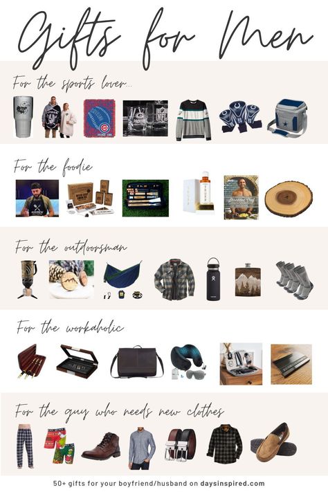 If you’re stumped on gift ideas for your boyfriend or husband, think about the person you’re shopping for’s personality and what type of gift they might like. I’ve compiled gift guides for the man in your life based on their personality. Whether you’re shopping for a guy who loves sports, is a major foodie, loves the outdoors, needs some help with fashion, or works super hard, I hope this gift guide gives you some idea for what to buy the men in your life! Best Gifts For Men, Men Gift Ideas Boyfriends, Best Gift For Men, Gifts For Hubby, Best Gift For Boyfriend, Best Gift For Husband, Gifts For Your Boyfriend, Presents For Men, Gifts For Men Ideas