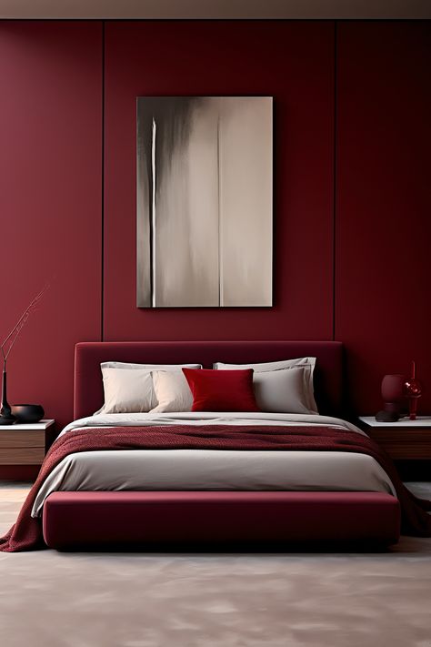 Embrace the contemporary elegance with a maroon feature wall, sleek bed, and elegant grey accents in your bedroom. Design, Rooms Home Decor, Red Accent Wall Bedroom, Red Accent Wall, Gray Red Bedroom, Red Bedroom Walls, Red Master Bedroom, Maroon Room, Maroon Walls