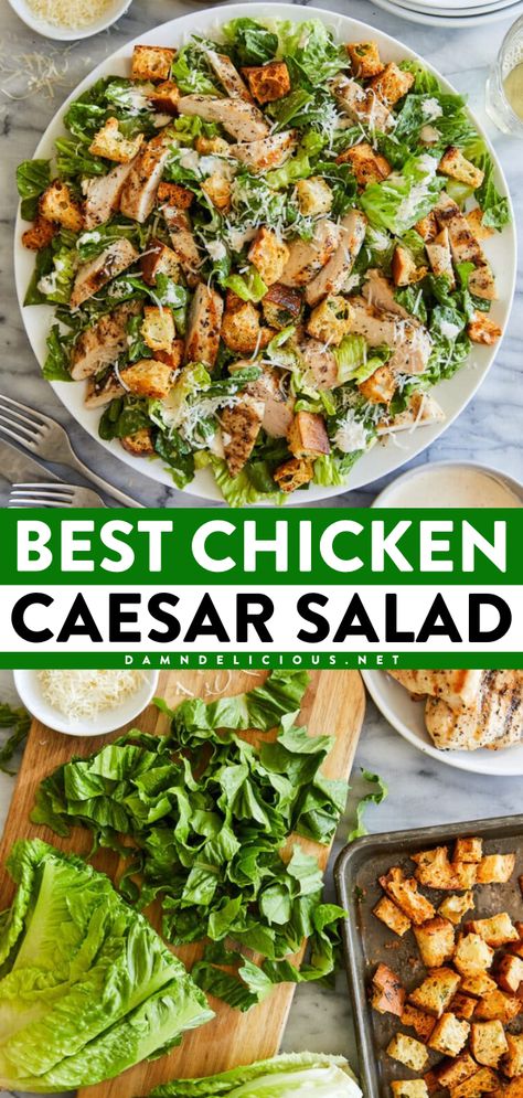Want more fresh summer salads? Here's the BEST chicken caesar salad ever! Tossed in an easy dressing with grilled chicken and crispy homemade croutons, this caesar salad recipe is perfect for your Memorial Day food ideas and 4th of July recipes! Healthy Recipes, Chicken Salad, Lunches, Pasta, Caesar Salad, Chicken Caesar Salad Wraps, Chicken Caesar Salad Recipe, Ranch Salad Recipes, Chicken Caesar Salad