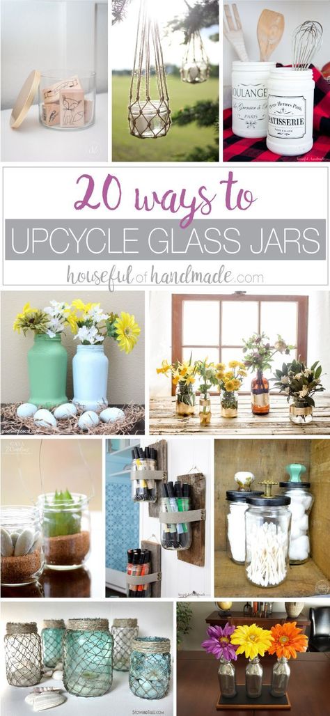 Don't throw away those old jars & bottles, reuse them instead! Here are 20 ways to Upcycle Glass Jars & Bottles as home decor and storage. Housefulofhandmade.com | Upcycle Jars | Reuse Jars | DIY Home Decor | Upcycled Home Decor | Ways to Recycle Glass Upcycled Crafts, Reuse Jars, Upcycle Jars, Upcycle Glass Jars, Crafts With Glass Jars, Diy Jar Crafts, Jar Diy, Jar Crafts, Bottles And Jars