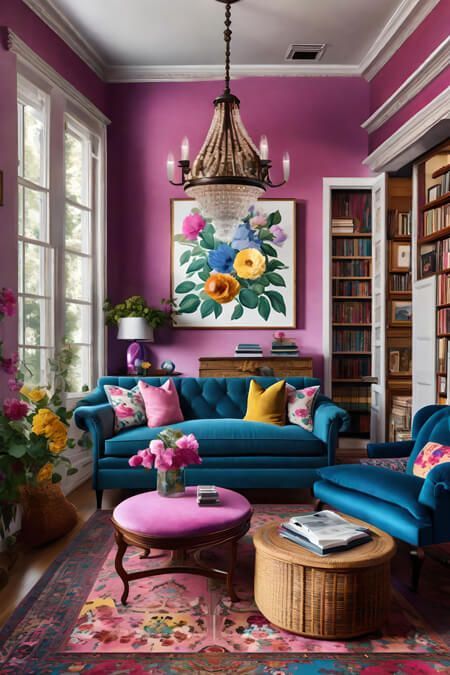 Boho Chic, Home Office, Interior, Home Décor, Pink Living Room Decor, Eclectic Decor Colorful, Colorful Living Rooms, Colourful Living Room Decor, Pink Living Rooms