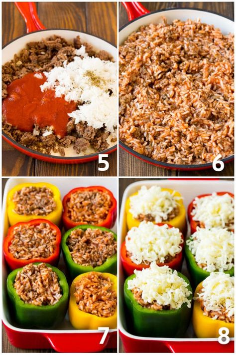 These stuffed bell peppers are filled with a mixture of ground beef, tomato sauce and rice, then topped with cheese and baked to perfection. A classic dish that's comfort food at its finest! Healthy Recipes, Stuffed Bell Peppers Ground Beef, Stuffed Bell Pepper Sides, Stuffed Peppers Ground Beef, Stuffed Bell Peppers Easy, Stuffed Pepper Recipes Beef And Rice, Stuffed Peppers With Rice, Stuffed Bell Peppers, Easy Stuffed Pepper Recipe