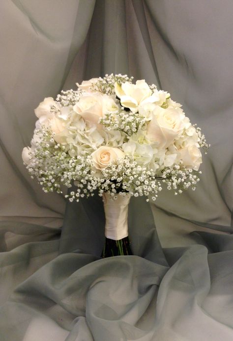 White bridal bouquet with hydrangea, roses, babies breath and gardenias by Nancy at Belton hyvee. Baby's Breath, Hydrangea Bouquet Wedding, White Roses Wedding, White Wedding Bouquets, Flower Bouquet Wedding, Wedding Flower Arrangements, Bridal Bouquet White, Wedding Flowers Roses, Bridal Bouquet Flowers