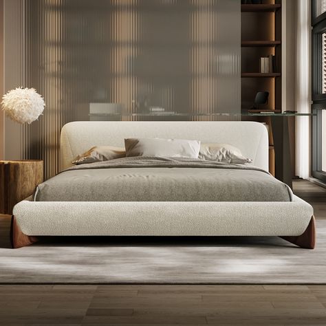 Modern White Boucle Platform Bed King Size Bed Frame with Upholstered Headboard Home Décor, King Bed Headboard, King Size Bed Frame, King Size Platform Bed, King Size Bed Master Bedrooms, Upholstered King Bed, King Platform Bed Frame, Bed With Headboard, Modern King Bed Frame
