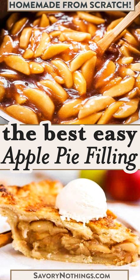 Homemade Apple Pie Filling is full of warm spices with just the right amount of sweetness. It’s quick and easy to make with just a few ingredients! | #piefilling #pierecipes #apples Thanksgiving, Desserts, Snacks, Dessert, Pie, Apple Pie, Recipe For Apple Pie Filling, Homemade Apple Pie Filling, Apple Pie Recipe With Canned Filling