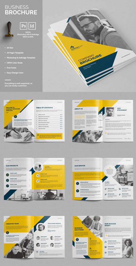 This is a clean and professional "Brochure Template" for your business or other projects. The Brochure looks good both on screen and in print. This is not just a brochure template, you can easily use it as an annual report/catalog/magazine/portfolio or any kind of agency-based project. This Brochure is 16 pages A4 template. Everything is well organized, and you can easily import your information using Adobe Photoshop PSD & InDesign INDD & IDML. Layout, Adobe Photoshop, Brochure Design Layouts, Brochure Design Layout, Brochure Design Template, Business Brochure Design, Brochure Layout, Business Brochure, Brochure Cover Design