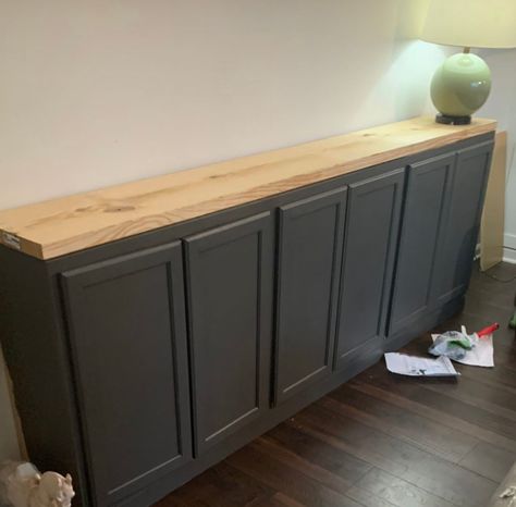 DIY Living Room Sideboard with Stock Cabinets - Live Pretty on a Penny Ikea, Home Décor, Sideboard Makeover, Diy Sideboard Buffet, Sideboards Living Room, Sideboard Ideas, Black Sideboard In Dining Room, Dining Cabinet Ideas, Sideboards