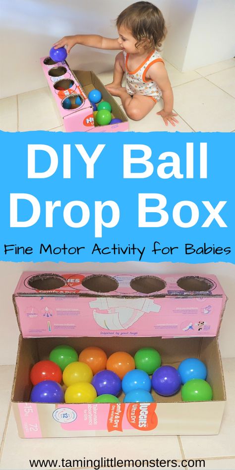 Learn how to turn an old nappy box into this easy DIY ball drop box. This is a great way to recycle an old box into a simple learning activity for babies and toddlers. They can practice fine motor skills, hand eye co-ordination and more.  #baby #toddlers #finemotor #babies #DIY Montessori, Pre K, Diy Sensory Toys For Babies, Diy Learning Toys For Toddlers, Sensory Play For Babies, Diy Sensory Toys, Sensory Baby Activities, Sensory Play Toddlers, Diy Montessori Toys 1 Year Old
