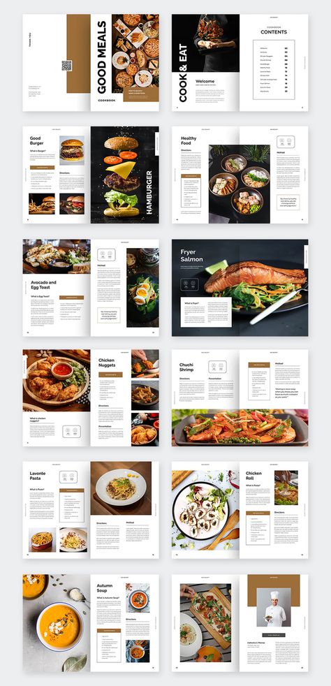 5 Creative Cookbook Brochure Template InDesign, Vector EPS - ksioks Web Design, Snacks, Layout Design, Menu Design, Food Menu Design, Food Magazine Layout, Food Menu, Food Catalog, Food Magazine