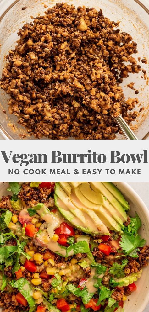 Minimal, Healthy Recipes, Guacamole, Vegan Burrito Bowls, Vegan Burrito, Vegan Comfort Food, Burrito Bowl, Lentil Tacos, Vegan Bowls