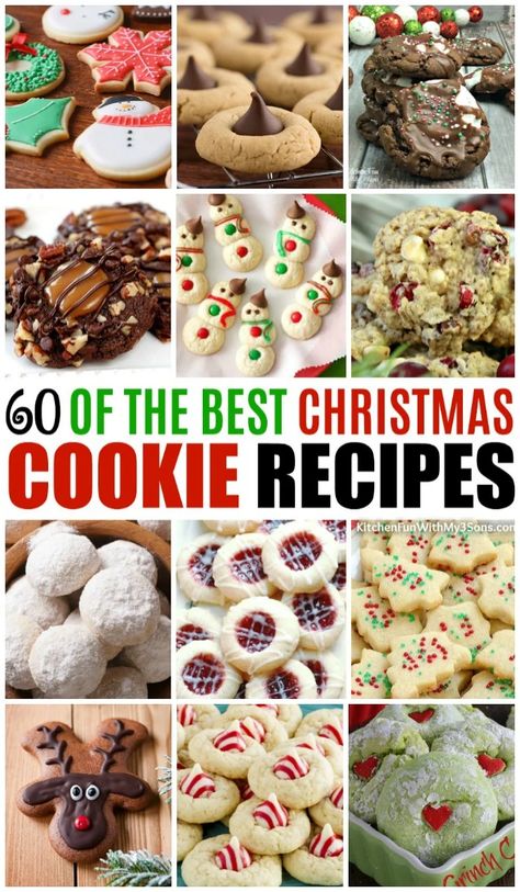 60 of the BEST Christmas Cookie Recipes - These are all so festive and delicious. You will hands down have the best cookie tray if you make a hand full of these ideas! Foodies, Desserts, Best Christmas Biscuits, Dessert, Best Christmas Cookie Recipe, Christmas Cookie Recipes Holiday, Best Christmas Cookies, Easy Christmas Cookie Recipes, Christmas Candy Recipes