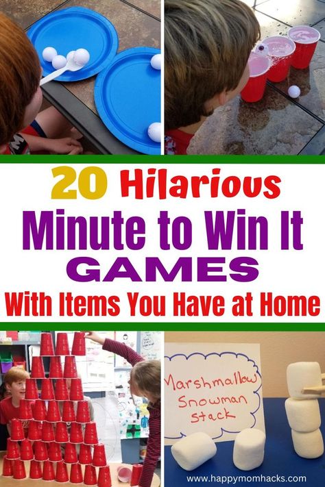 Easy & Fun Minute to Win It Games with items you have at home. Quick 1-minute games to play at birthday parties, holiday parties, classroom parties, or family game nights. The games are hilarious to watch and fun to play. Pick a few of these party games and play them at your next kid's party. It's sure to be a big hit! Pre K, Fun Games For Kids, Minute To Win It Games, Games To Play With Kids, Fun Party Games, Adult Party Games, Games For Kids, Birthday Party Games For Kids, Kids Party Games