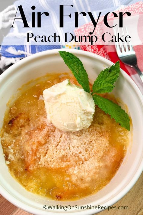 Air Fryer Peach Dump Cake - you only need three ingredients to make this classic dump cake recipe only this time we're going to make it in the air fryer. Don't worry, we'll still "dump" the ingredients together! It's going to be easy, fast and delicious. Cake, Air Fryer Cake Recipes, Air Fryer Recipes Dessert, Air Fryer Recipes, Air Fryer Recipes Easy, Air Fryer Cooking Times, Air Fry Recipes, Air Fryer Oven Recipes, Air Fryer Dinner Recipes