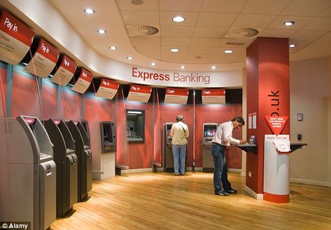 People using the automated self service machines that have been installed inside a branch ... People, Design, Retail Bank, Startup Office, Bank Interior Design, Bank Design, Bank Branch, Interactive Design, Service