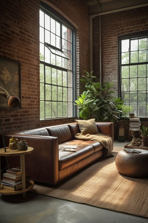 Embrace the charm of this industrial-inspired living room, featuring a chocolate brown Italian designer sofa, exposed brick walls, and raw concrete flooring. Ideas, Design, Interior, Architecture, Inspiration, Dekorasyon, Styl, Inspo, Haus