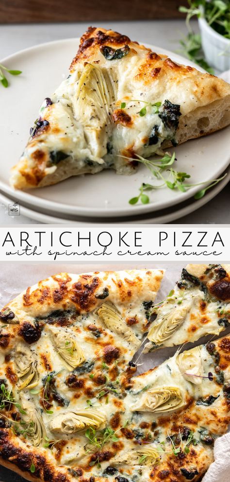 Snacks, Pizzas, Dessert, Spinach Artichoke Pizza, Spinach Pizza, Artichoke Pizza Nyc, Spinach Cream Sauce, Artichoke Pizza, Spinach And Feta