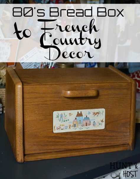 This bread box makeover is perfect for hiding kitchen clutter, kitchen storage ideas, a great coffee bar or the perfect family charging station. 80's bread box to French Country Décor!#breadboxmakeover #80'smakeover #kitchendecorating  #frenchcountrystyle #painteddecor