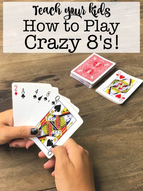 This summer, teach your kids how to play Crazy 8's! Crazy 8's is a family card game favorite at our house, and kids as young as 4 can easily join in on the fun if they understand the concept of the card's suit (which you explain using the pictures of diamonds, hearts, clubs, and spades) and how to match numbers (ranks). Play, Geeks, Board Games, Games For Kids, Games For Teens, Adult Games, Card Games For Kids, Fun Games, Activity Games