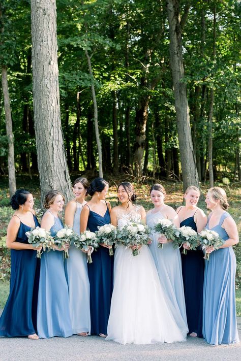 Bride with her Bridemaids dressed in different shades of blue Bridesmaid Dresses, Wedding Bridesmaids Dresses Blue, Bridesmaid Dresses Blue Shades, Different Bridesmaid Dresses, Navy Blue Bridesmaids, Light Blue Wedding Dress Bridesmaid, Mismatched Bridesmaid Dresses Blue, Brides Maid Dresses Blue, Blue Bridesmaid Dresses Winter