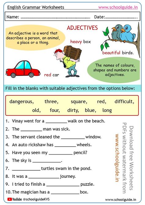 Adjectives Printable Worksheets | English Worksheets PDFs | Adjectives Exercise | School Guide Maths, Worksheets, Teaching, English, Math, Words, Adjectives, English For Beginners, Hindi Worksheets