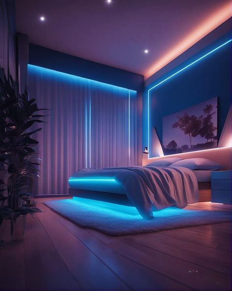 Immerse yourself in the world of creativity and futuristic design with our neon room - the perfect place for self-expression. #neon #creativity #design" Garages, Neon Bedroom Aesthetic, Neon Room, Neon Room Aesthetic, Neon Bedroom, Neon Furniture, Gaming Bedroom, Futuristic Bedroom Design, Futuristic Bedroom