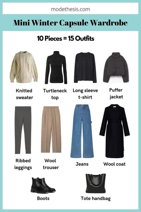 This is a mini winter capsule wardrobe suitable for travelers and minimalists! Learn how to create 15 outfit combinations from just 10 winter wardrobe essentials! 
This winter capsule wardrobe consists of 3 tops, 3 bottoms, 2 outerwear, 1 pair of footwear, and 1 bag. The color palette is black, grey and beige. Capsule Wardrobe, Outfits, Winter Outfits, Winter Wardrobe Essentials, Winter Capsule Wardrobe, Winter Capsule Wardrobe Travel, Winter Capsule, Capsule Wardrobe Outfits, Capsule Wardrobe Women