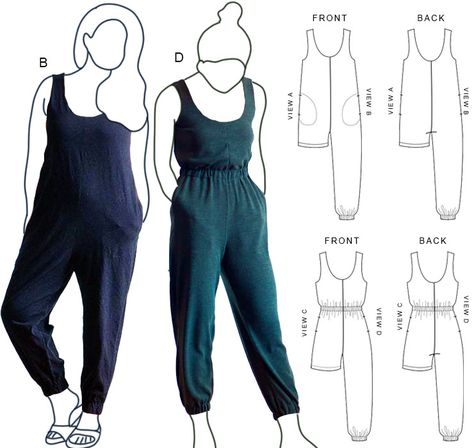 Sewing Pattern: Create a stylish wardrobe with this versatile sewing pattern for an ankle-length jumpsuit and short romper. Featuring a scoop neckline on both the front and back, wide shoulder straps, an elasticated waist, and cuffs for a comfortable and trendy look. The center front and back seams add a touch of sophistication to this chic ensemble. Jumpsuit Sewing Pattern, Jumpsuit Pattern Sewing Free, Diy Jumpsuit Pattern, Diy Romper Women Pattern, Jumpsuit Pattern Sewing, Romper Pattern Women's, Jumpsuit Pattern Free, Loose Jumpsuit Pattern, Diy Romper Women