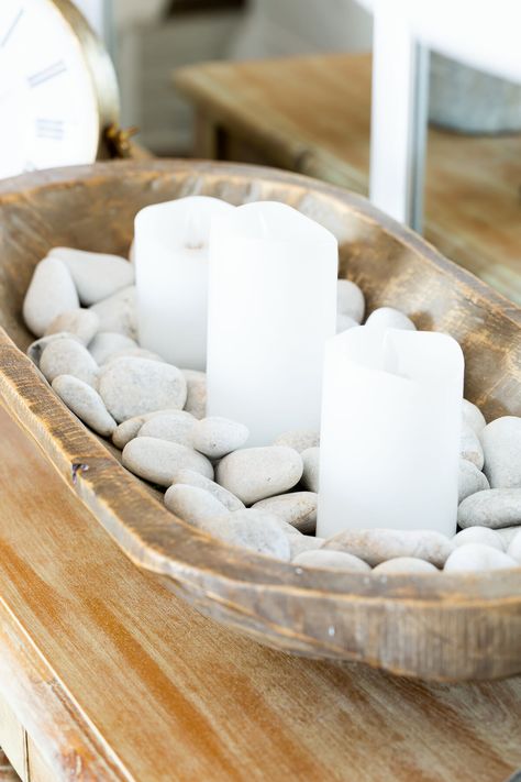 Fill a dough bowl with white river rocks and candles. Decoration, Decorative Bowls, Inspiration, Dough Bowl Centerpiece Summer, Decorative Bowl Filler, Wood Bowls, Wooden Bowls Decor Ideas, Wooden Bowls, Wooden Bowls Decor