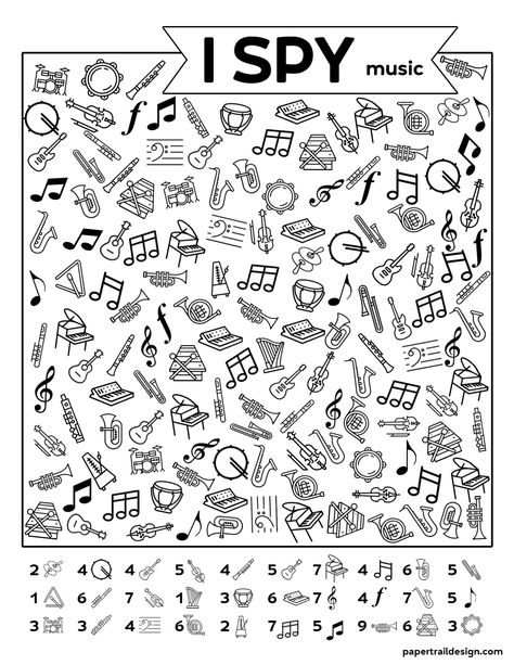 Use this free printable I spy activity page with kids to help them learn about music, music symbols and notes, and music instruments. #papertraildesign #freeprintable #musicactivity #musicgame #musicprintable #musicnotes Music Education, Elementary Music, Music Activities, Music Lessons, Music Worksheets, Music Games, Teaching Music, Music Instruments, Music Symbols