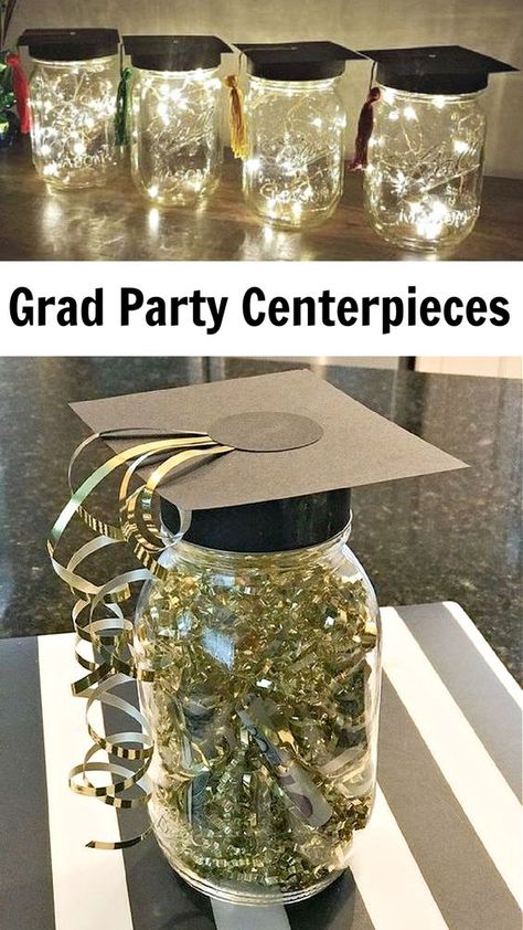 23 best Graduation Party centerpieces Diy table decorations this year. Plenty of Graduation Party centerpiece ideas from Dollar Stores with mason jars, picture display, flower, gold glitter, black & gold, burlap, Grad cap, and pink for outdoor and indoor Grad Parties and male and female graduates. Whether you're in high school or college these graduation party centerpieces will make your tables look amazing for cheap! Decoration, Graduation Party Ideas High School, Graduation Party Decor, Graduation Party Themes, Grad Party Decorations, Grad Party Decorations Diy, Grad Party Centerpieces, Graduation Party Table Decorations, High School Graduation Party Decorations