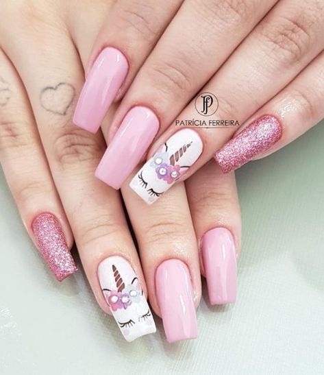 Light pink and white nail colors with pink glitter accents and unicorn nail art on long square nails Nail Art Designs, Nail Designs, Nail Arts, Unicorn Nails Designs, Unicorn Nail Art, Unicorn Nails, Fun Nails, Uñas Decoradas, Nails Inspiration