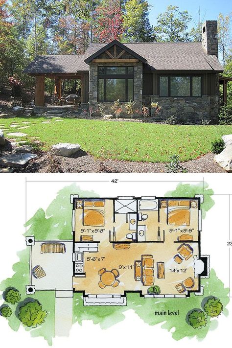 One Story House Plans 2 Bedroom, One Floor Mountain House, Rustic Bungalow House Plans, Small Mountain Style Homes, Small House Plans With Fireplace, House Plans Tiny Homes, Small Mountain Homes Cottages, Small Rustic Home Plans, Small Weekend House Plans