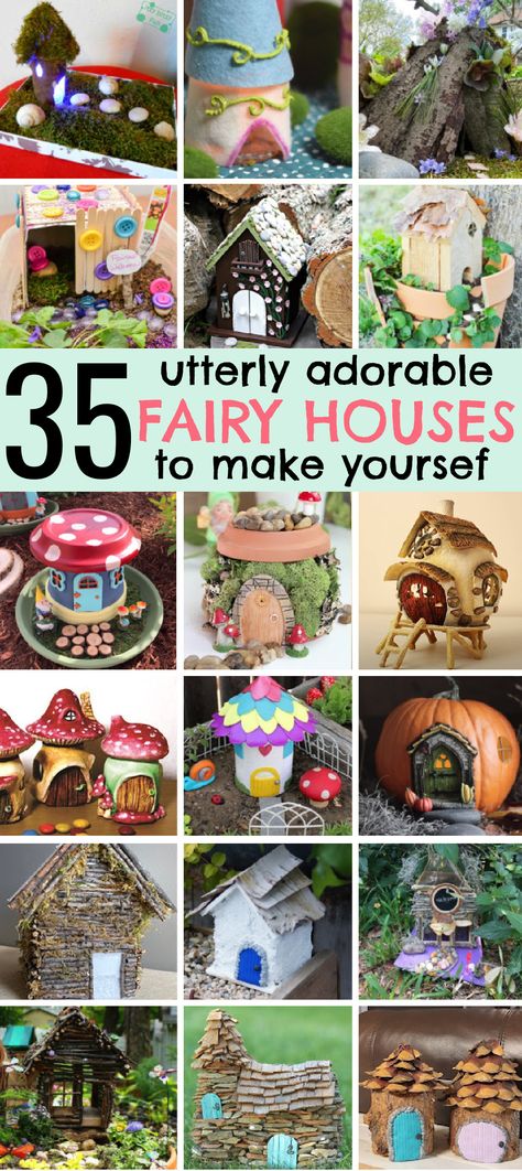35 Adorable DIY Fairy Houses - make these cute fairy garden houses this summer with your kids! Any miniature garden DIY -er will love these awesome tiny dwellings. Lots of natural fairy house ideas, AND other ideas, like using a plastic bottle or mason jar! This whole site is full of cute fairy garden ideas. Miniature, Crafts, Diy, Play, Fairy House Diy Kids, Diy Fairy House, Fairy House Diy, Fairy Garden Diy Kids, Fairy Houses Kids