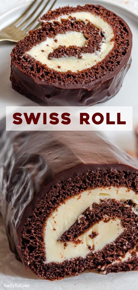 This easy Chocolate Swiss Roll Cake has a light sponge, creamy filling, and coated with a silky ganache. It will be the star of the show while entertaining! #swissroll #swissrollcake #chocolaterollcake