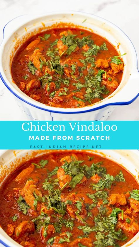 Chicken Vindaloo is a popular spicy Indian curry dish that’s rich and full of spices. The combination of vinegar, salt, chilies, and other ingredients makes the curry in this chicken recipe a real winner Chicken Recipes, Chicken Vindaloo Recipe, Chicken Vindaloo, Chicken And Vegetables, Chicken Thighs Curry Recipe, Chicken Thighs Indian Recipe, Chicken Thigh Recipes, Chicken Curry Indian, Indian Chicken Vindaloo Recipe