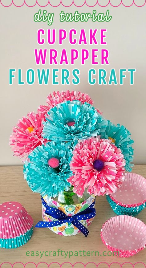 Blue and pink cupcake liner flowers bouquet. Diy, Cupcake Liner Crafts, Cupcake Liner Flowers, Easy Paper Flowers, How To Make Paper Flowers, Cupcake Liners, Cupcake Paper Crafts, Paper Flowers Diy Easy, Diy Crafts Paper Flowers
