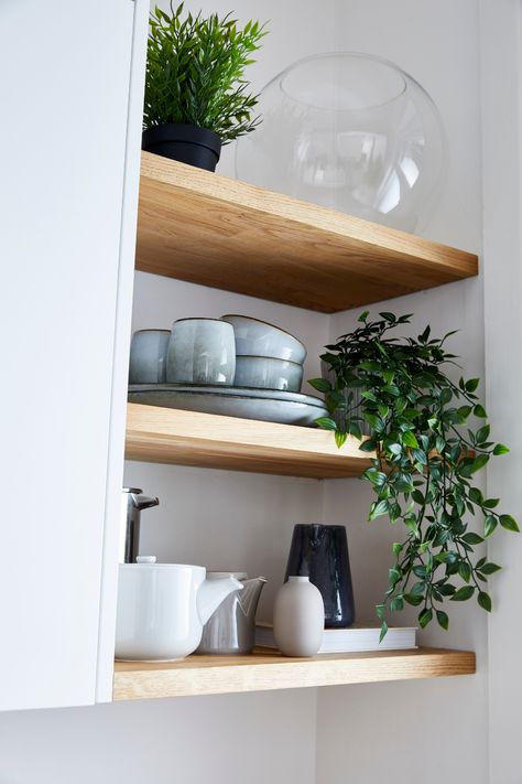 After kitchen shelving ideas? Use wooden worktop offcuts to create bespoke kitchen shelves. Add house plants, decorative crockery for kitchen styling and kitchen decor. Indiana, Design, Wooden Shelves Kitchen, Wooden Worktop Kitchen, Shallow Shelves, Shelving Ideas, Wooden Kitchen, Kitchen Living, White Shaker Kitchen