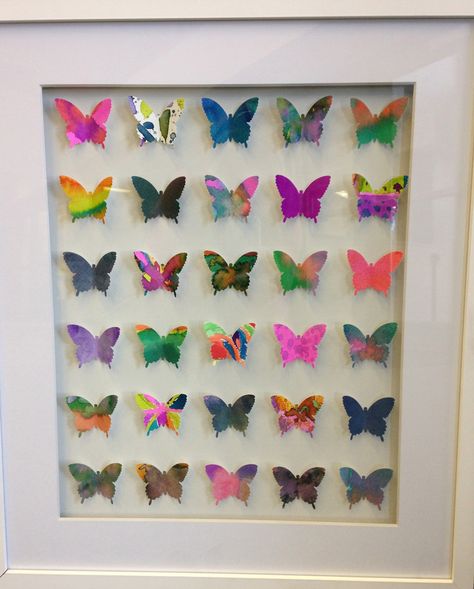 Kids started with square of watercolor paper, watercolored and then stamped out a butterfly. Affix to paper and mount in shadowbox frame. Elementary Art, Art Projects, Pre K, Crafts, Diy, Montessori, Paper Cutout Art, Classroom Art Projects, Kids Art Projects